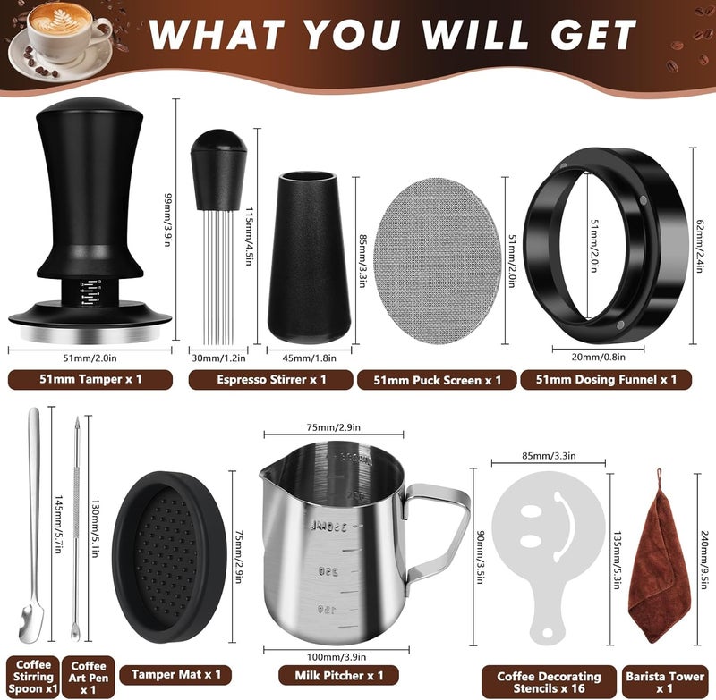 Y-Step 25 PCS Espresso Accessories Kit, Espresso Tamper Kit Coffee Tamper Set, 51mm Espresso Tamper with Spring Loaded Calibrated, 51mm Espresso Puck Screen and Dosing Funnel, WDT Tool, Latte Art Kit - Image 2